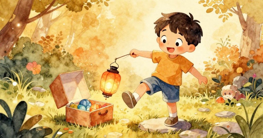 從低角度看萊奧踩在石頭上失去平衡，臉上充滿驚訝，燈籠滾落在陽光灑落的草地上。