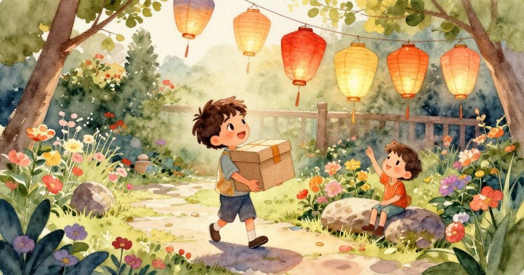 燈籠撞上桶子掀起水花，驚起樹蛾般的小蜻蜓，落花飛舞在充滿秋意的生動花園中。