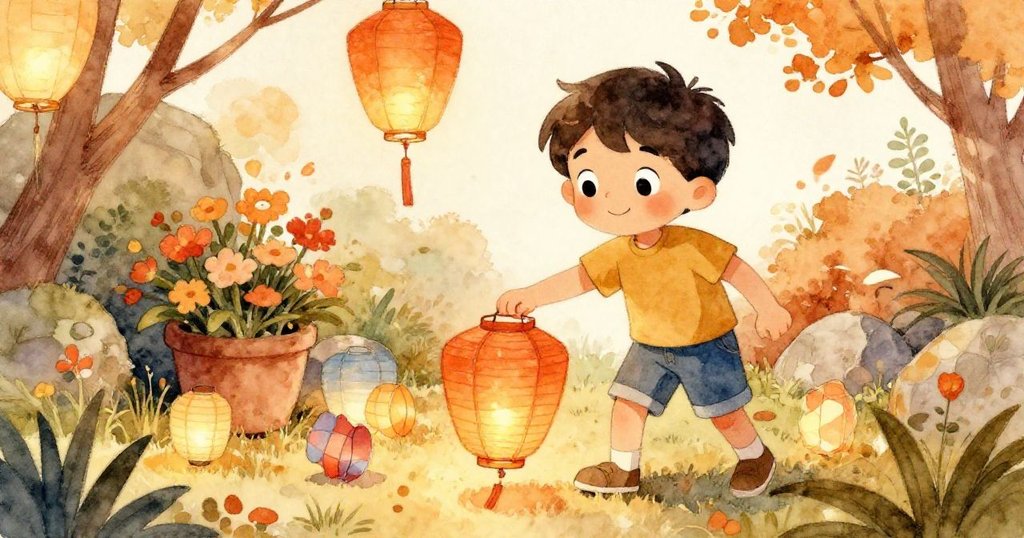 萊奧滿懷決心地撿起四處飄落的燈籠，同時移動石頭藏於花盆後，臉上洋溢著安心與快樂。