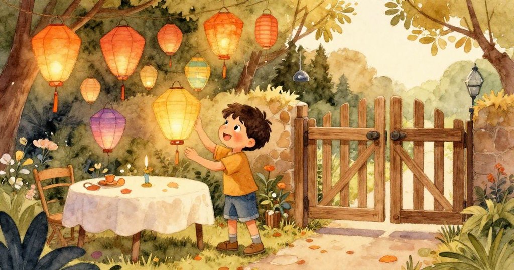 整理完畢的花園裡萊奧排列著彩色燈籠，緩緩關上木門，臉上流露出平靜喜悅和對夜晚節慶的期待。