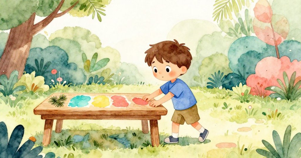 Milo在溫暖夏日庭院中走向木桌,陽光灑落,背景中有松木材料,他充滿期待和專注,展現開端情節。