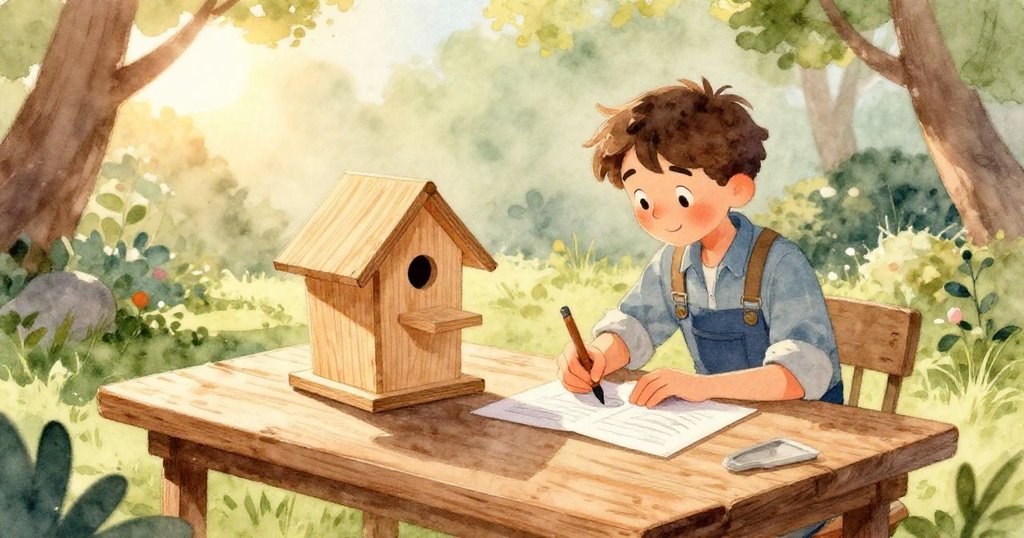 Milo近距離凝視他的鳥屋材料,臉上表情專注與期待,背景模糊呈現木製桌面,表現計畫進行中。