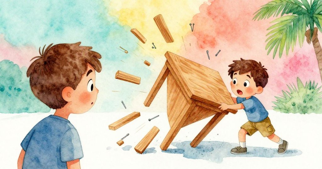 Milo背影急促回頭,驚愕看著風吹翻木桌,木屑與釘子亂飛,庭院中動態場面展開。