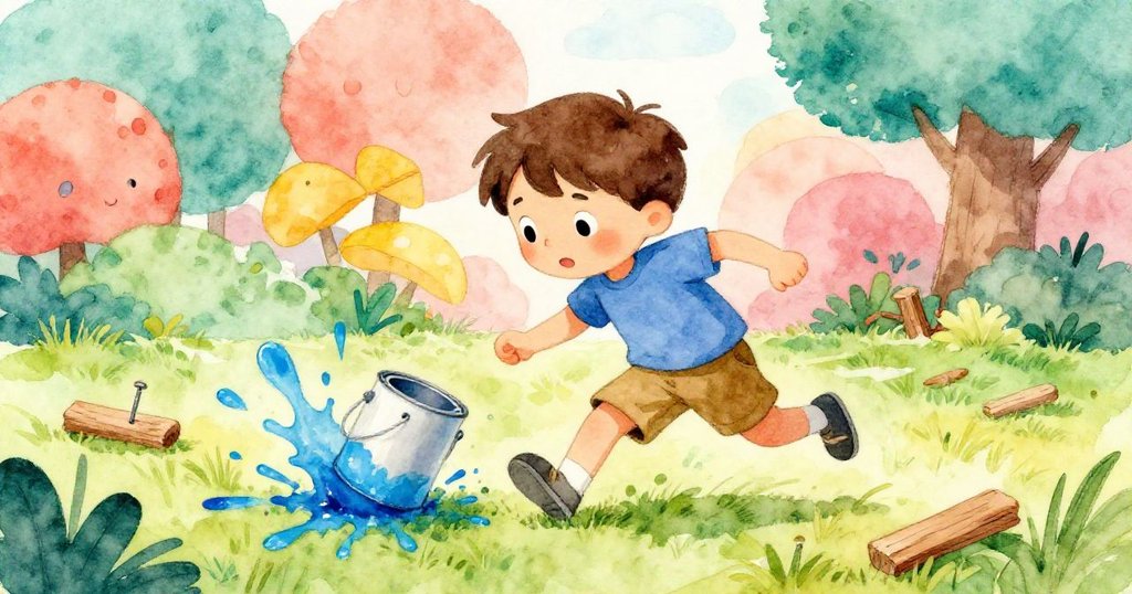 Milo急衝向前,不慎撞到油漆桶,藍色油漆濺落在草地上,他動作迅速,展現混亂與幽默感。