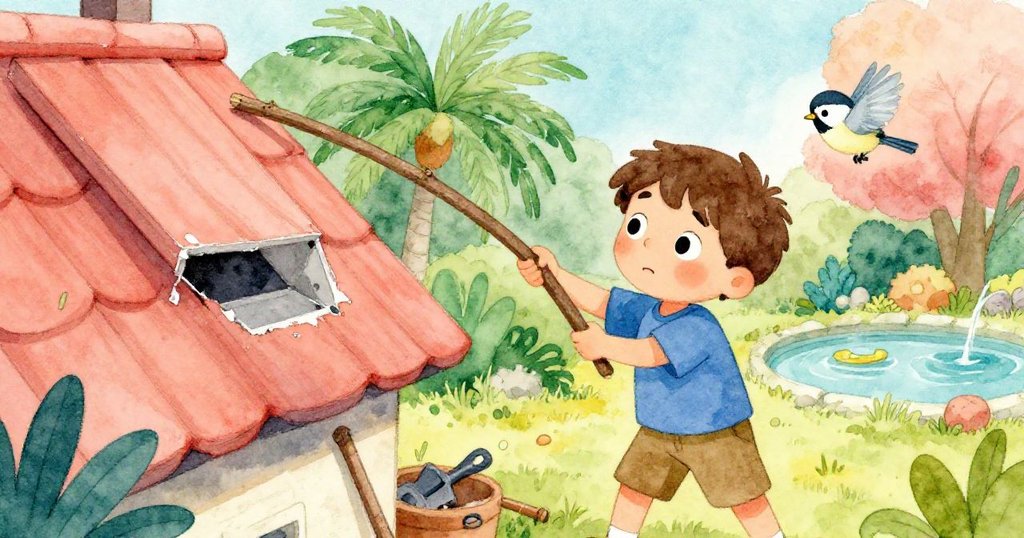 Milo靈巧地抓住一根木棍調整歪斜屋頂,一隻小山雀圍繞觀察,場面由混亂轉向希望。