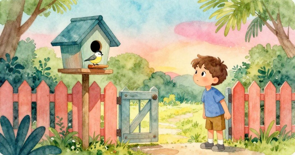 Milo滿懷欣慰地站在修復好的鳥屋前,背景中小山雀安坐,輕輕關上花園大門,庭院恢復寧靜,結束動盪的一天。