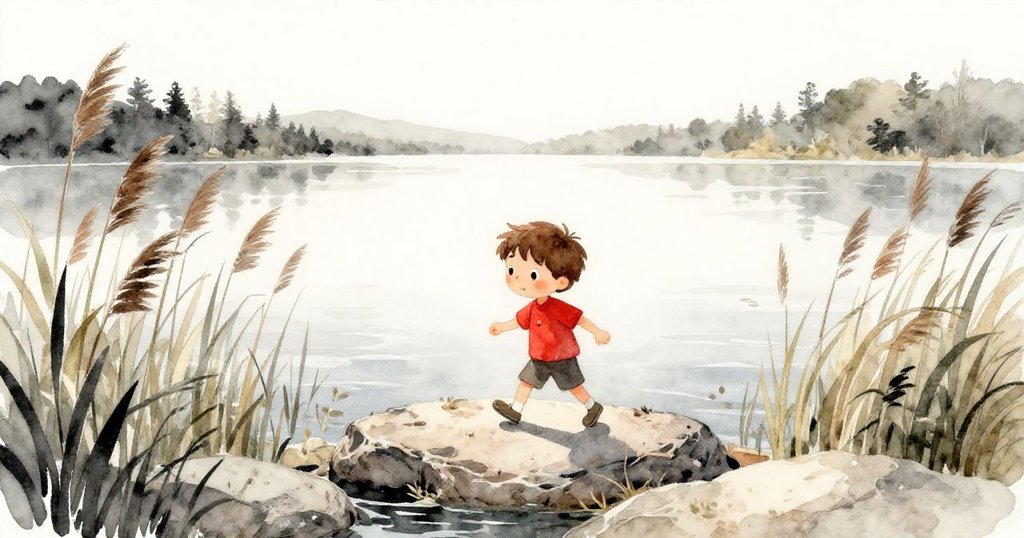 利安在柔和晨光中邁向湖邊石門,拿著網子,臉上充滿冒險期待,周圍有搖曳蘆葦與平靜湖面,展現開啟旅程的喜悅。