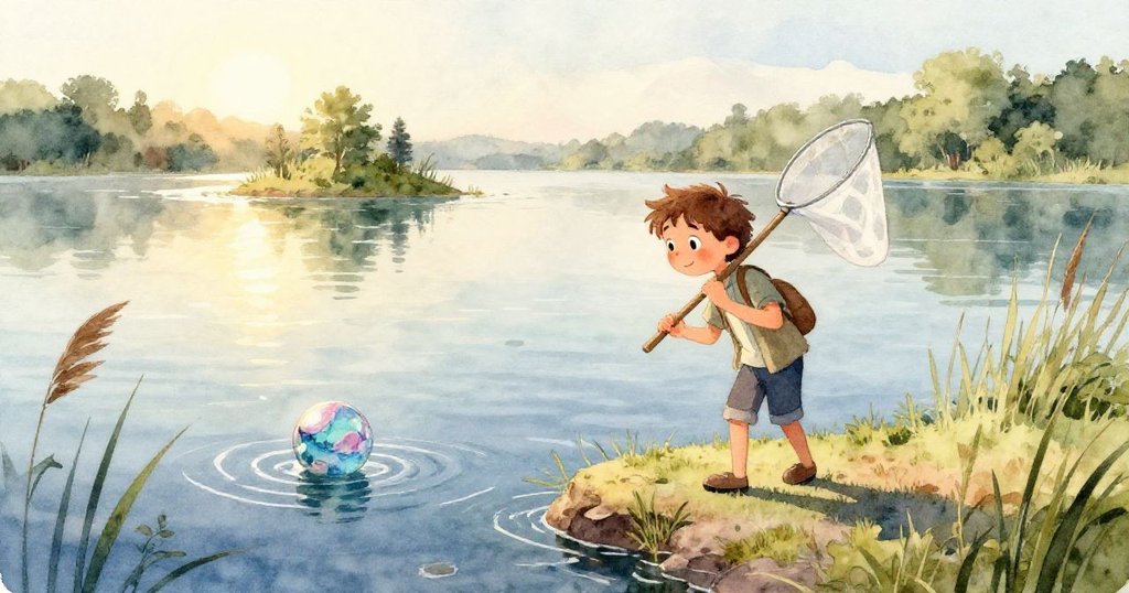 從水下觀點看,利安的靴子驚動水面,黑色蝌蚪迅速游走,呈現出湖中隱藏生機與微妙動態的場景。