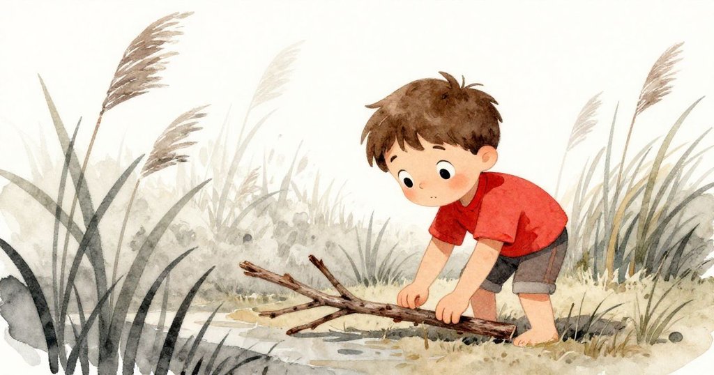 利安在搖曳蘆葦間低身發現隱藏樹枝,雙手伸展拾取工具,傳達探索秘密與自然細節的驚喜感。