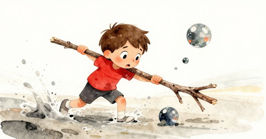 利安眼神堅定,運用樹枝輕推漂流彈珠,瞬間抉擇中展現智慧與勇氣,水花四濺呈現緊張氛圍。