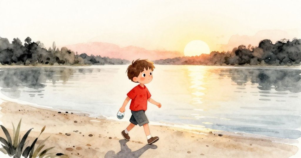 利安滿懷喜悅將閃亮彈珠收入口袋,沿著沙岸踏著水波回家,夕陽映照湖面,傳達溫馨寧靜完結的冒險旅程。