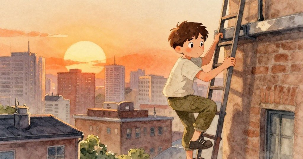 Korin攀爬舊樓消防梯，背景呈現城市層疊輪廓及夕陽橙光，表情專注而緊張。