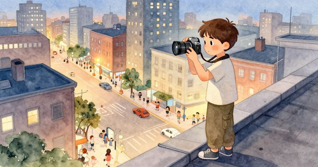 Korin站在屋頂邊緣俯瞰城市街道，調整相機眼神專注，背景呈現黃昏晚霞與柔和路燈。