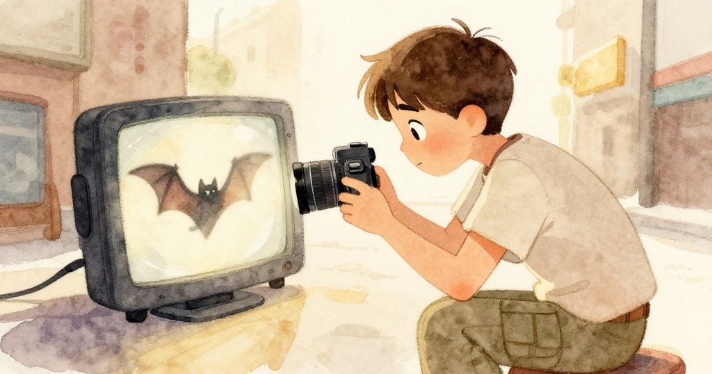 Korin低頭看相機預覽屏上模糊蝙蝠影，表情帶有遺憾與決心，回憶感溫暖懷舊。