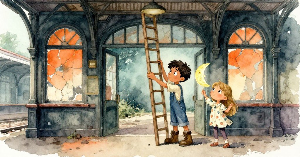 在舊車站入口，Miles扶著木梯，Evie手抱紙月，邁步進入充滿神秘與期待的破舊空間。