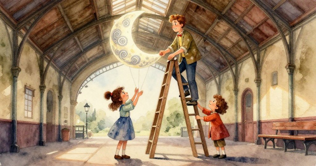 細緻描繪舊木梯的紋理與刻痕，Evie的袖子上點綴著粉筆灰，展現探索過程中的細微痕跡與用心。