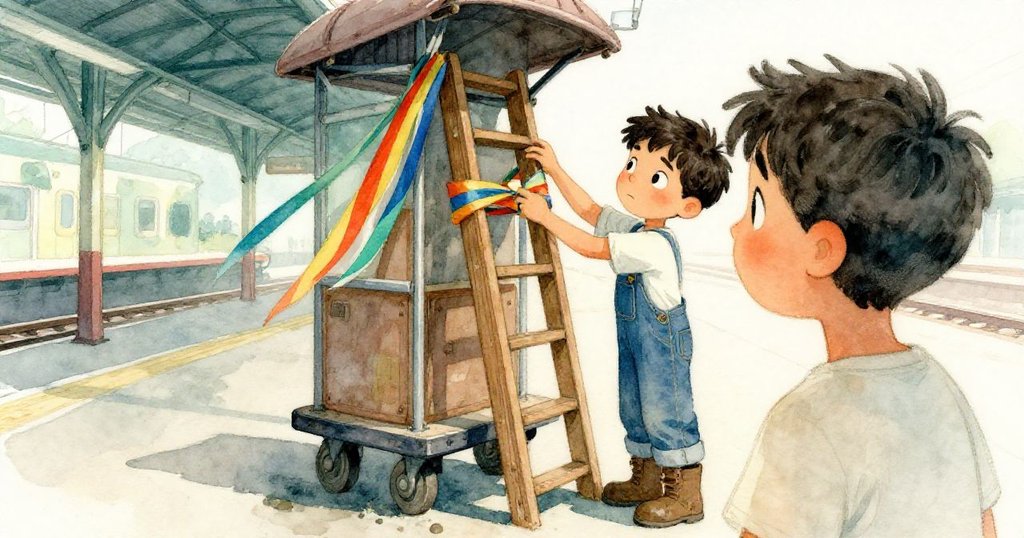 從Miles背後看，他專心用戲劇緞帶將木梯固定在舊行李車上，畫面呈現細膩的合作與堅定信心。