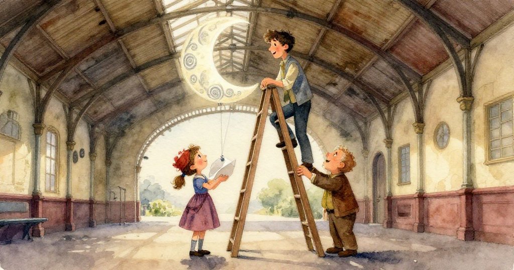 在昏暗的車站內，一顆落下的螺絲擊中搖晃的滑鐵盔，鴿子因驚嚇振翅而起，營造出神秘氣氛。