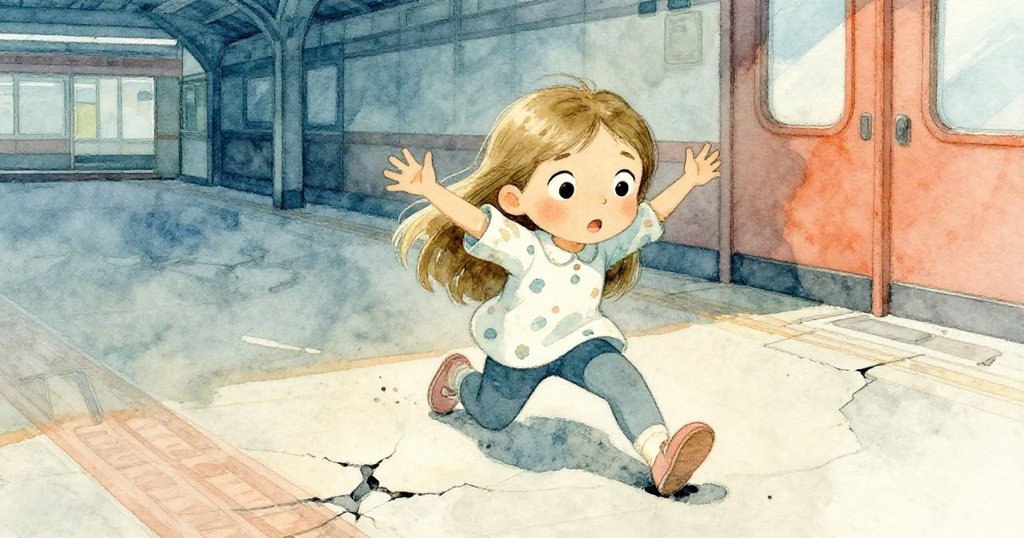 Evie在攀爬中因不平地面差點跌倒，臉上露出驚恐與掙扎，伸手穩住身體，呈現內心糾結的瞬間。