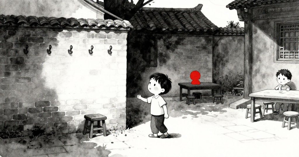 Milo 走向庭院中的窄凳，背景有鄰居佈置桌子，暮色低垂，他露出充滿期待的表情。