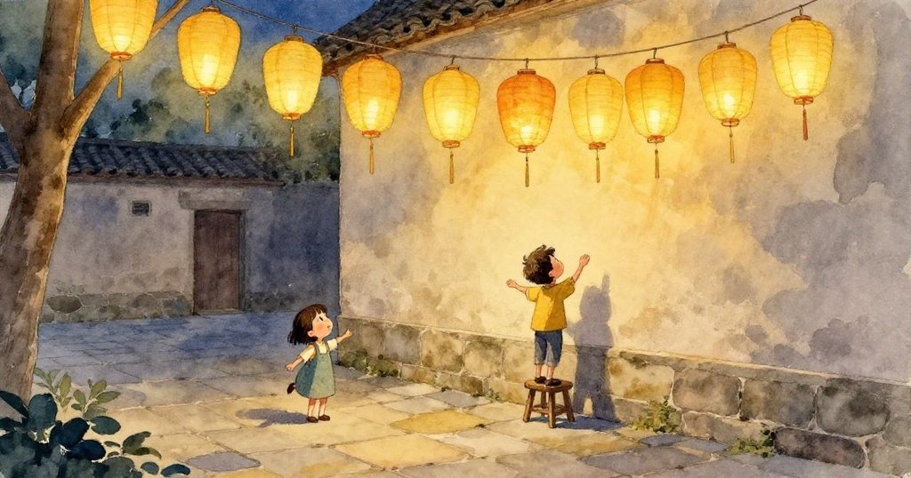 Milo 的雙手緊握著棉線與紙燈，細節突出顯示出他的專注與微微顫抖的情感。