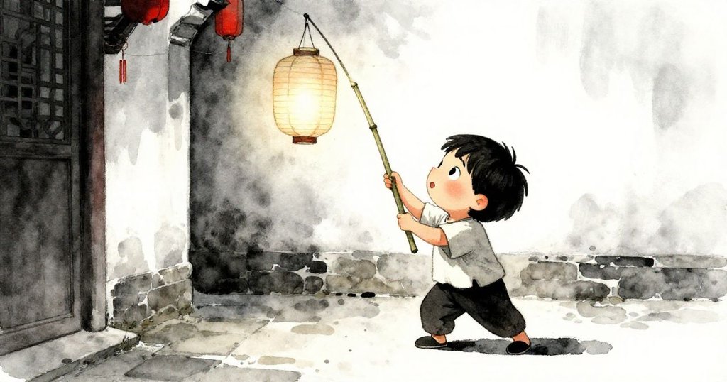 小鳥視角觀察Milo使用竹竿調整棉線，牆角掛鉤與紙燈形成生動細節，充滿好奇與趣味。