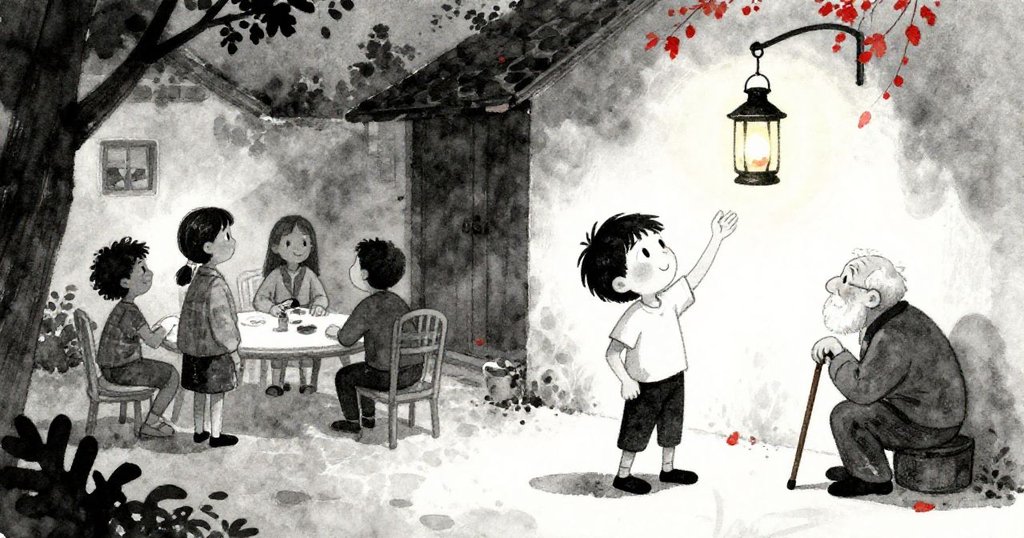 庭院暮色中，鄰居低語，老者倚杖觀望，Milo忙著掛燈，畫面充滿溫馨秋意。