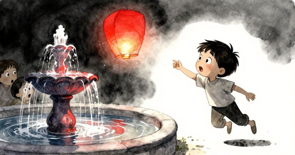 紙燈脫線飛向噴泉上空，紅光閃耀激起眾人驚訝，Milo表情凝重，場景充滿緊張氣氛。