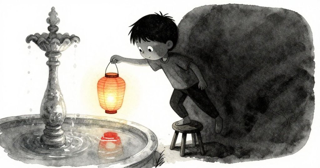 Milo 踏實下凳，望向在噴泉水面上閃爍的孤燈，夜幕低垂中流露出堅毅與平靜。