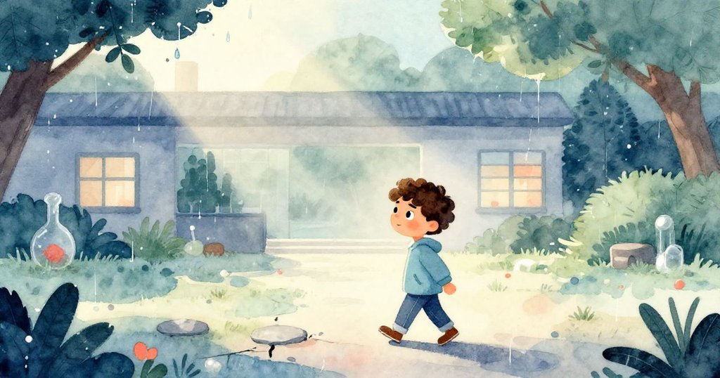 Luis在晨霧中走過破碎院子,雨滴落在樹葉與磚牆上,表情堅定,展開冒險序章。