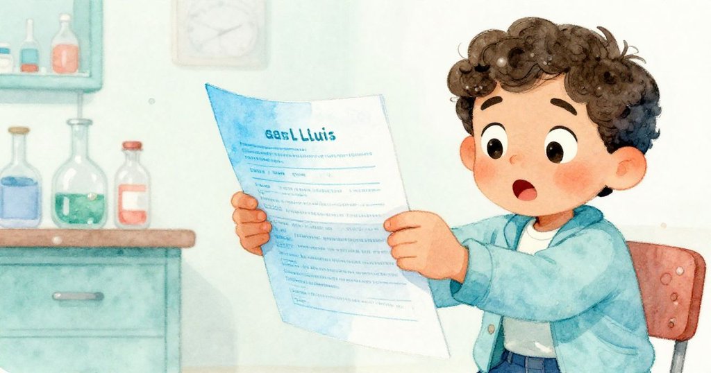 Luis低頭翻看藍色報告,手中輕觸報告細節,臉上顯露驚訝與疑惑,展現重要發現時刻。