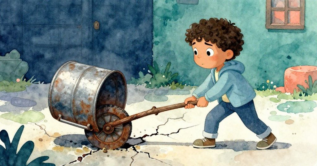 Luis用細樹枝挑撬生鏽鐵桶,身姿全力投入,動作扭曲顯現緊張與挑戰,環境充滿堅毅氛圍。