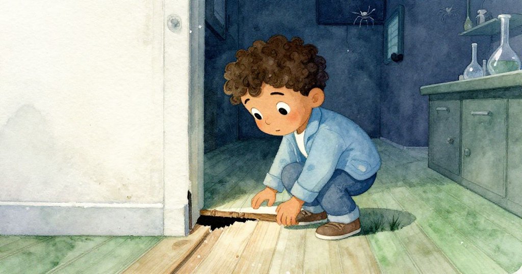 Luis彎腰檢查實驗室隱蔽縫隙,背景中有輕描小蜘蛛,神秘探險中流露出勇敢好奇的眼神。