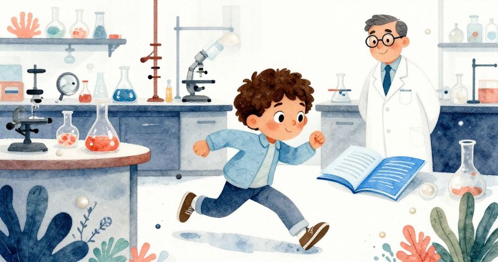 Luis急奔向實驗桌驚見空瓶換成藍色報告,Professor Marin悄現,表情從緊張轉為驚喜與理解。