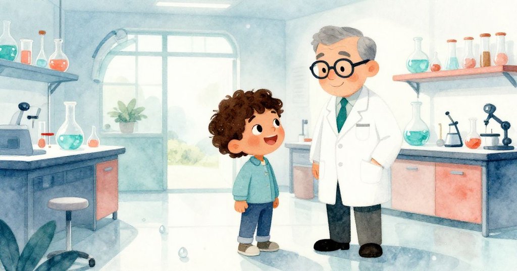 Luis與Professor Marin在明亮實驗室中相視微笑,水滴從髮梢滴落,溫馨結局呼應晨霧院子開始的冒險。