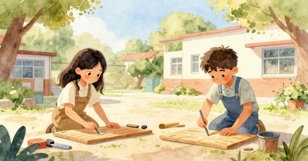 卡拉拉與米凱爾於陽光灑落的校園中準備工具，神情平靜，晨光映照校園寧靜美景。