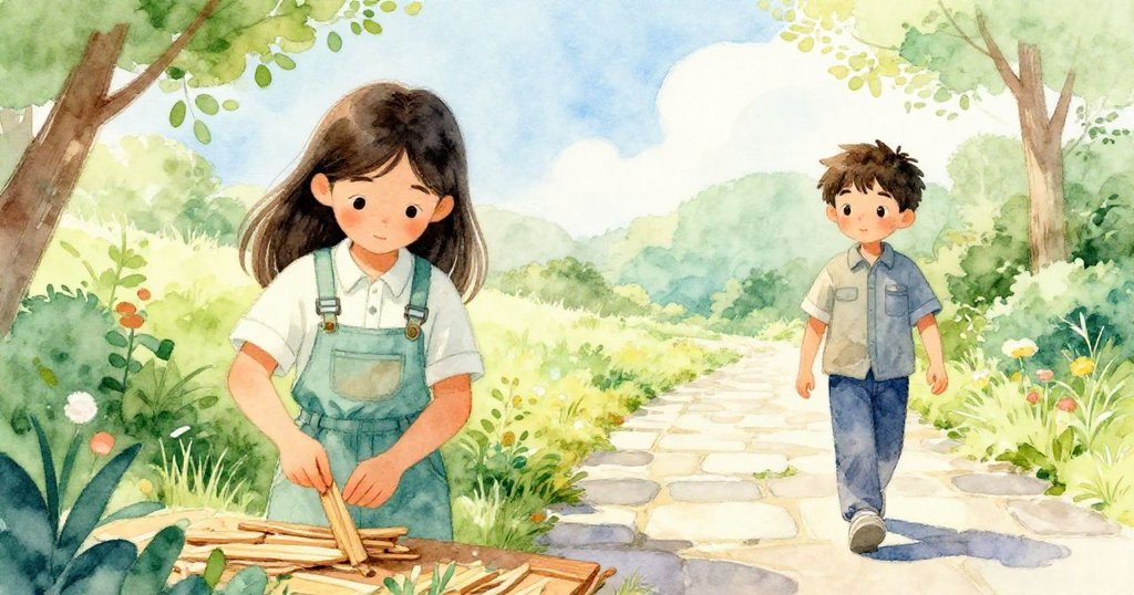 卡拉拉蹲下拾取細木板，米凱爾身旁步履輕盈，校園石板路上留下清晰足跡與光影。