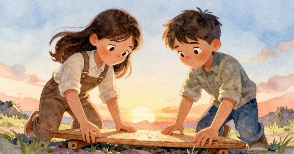 卡拉拉與米凱爾相對作業，視角扭曲呈現工具與手部細節，專注且情緒緊繃。