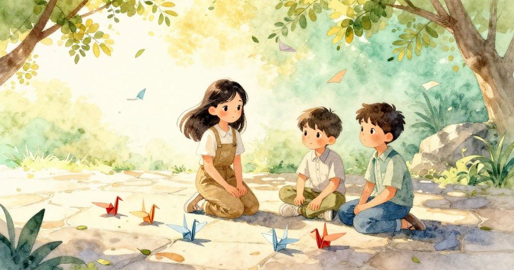 角落中飄落摺紙鶴散落於石面，和煦晨風搖曳樹影，工作現場充滿活力與期待。