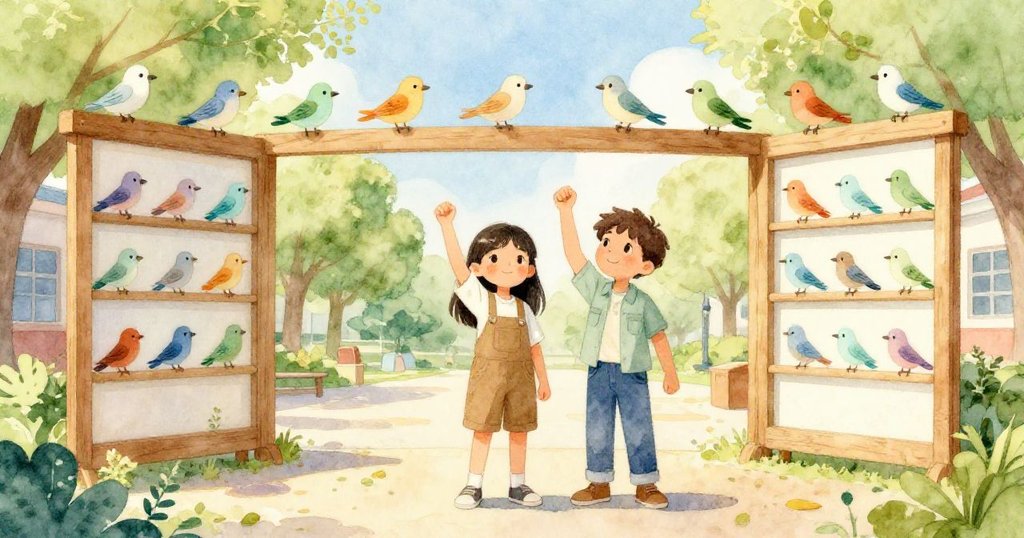 最終成品架立成氣派紙雕展示架，卡拉拉與米凱爾滿意重聚，背景晨光與校園和諧美好。