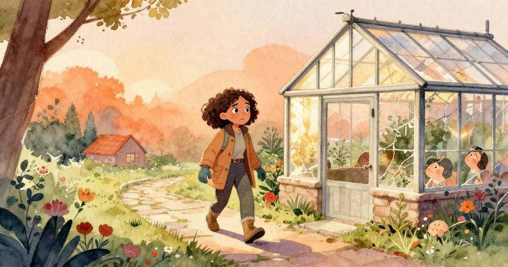 梅爾在午後柔光下走在石徑上，朝破舊溫室邁進，花園空曠中流露出探索與堅定的情感