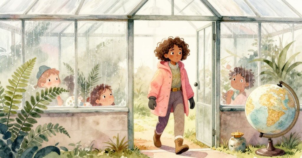 梅爾踏入充滿凝結水珠的溫室內部，舊蕨葉與地球儀喚起往昔記憶，場景中洋溢著淡淡懷舊情懷