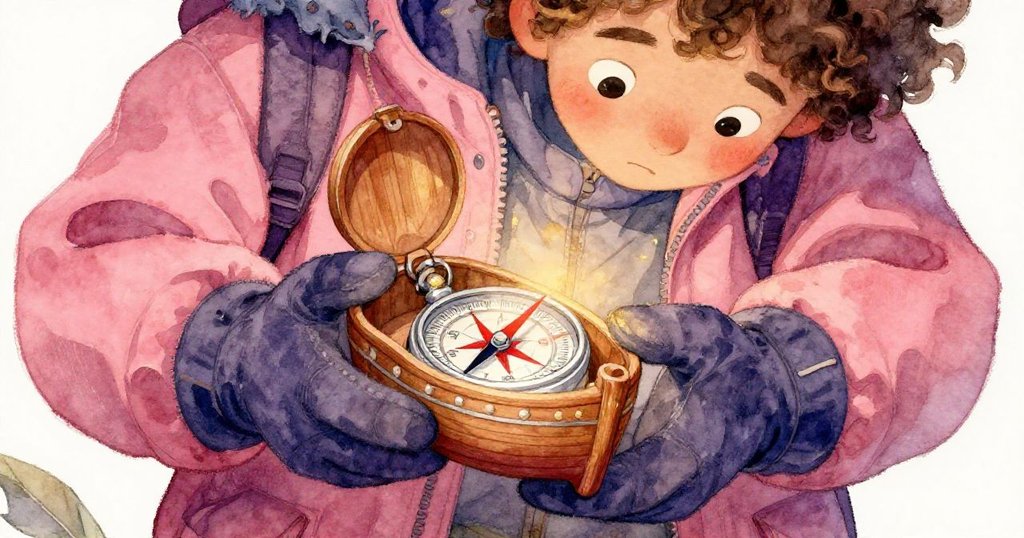 梅爾小心翼翼地揭開精緻木船藏層，露出發光的紅色指南針，臉上流露出驚奇與堅定的神情