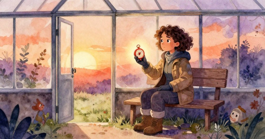 梅爾坐在木凳上，手持發光指南針，於開放溫室旁回味冒險過程，午後暖光灑滿寧靜花園，心中充滿滿足