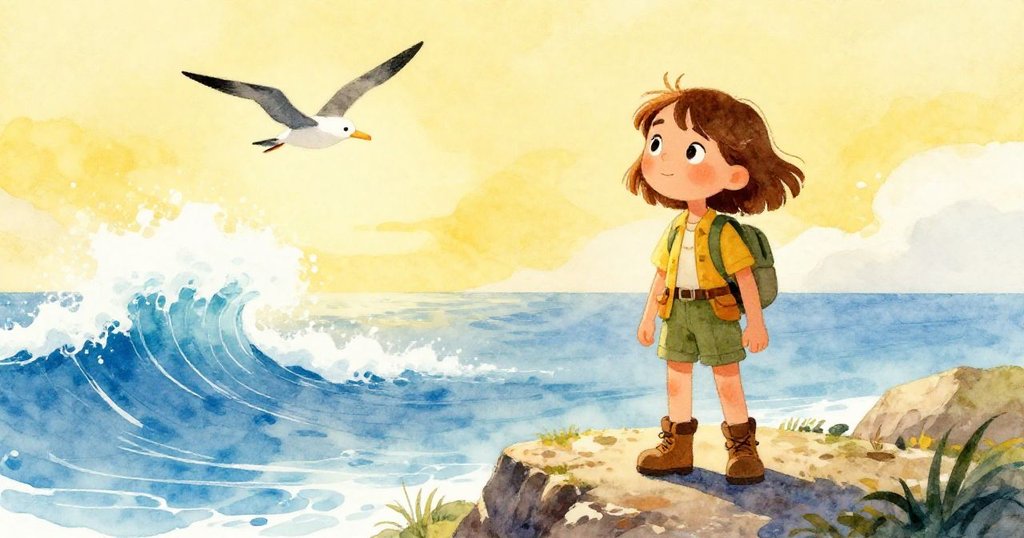 Maris站在懸崖上，手持地圖眺望遠方大海，岩石與海浪背景展現冒險開端，神情充滿期待。