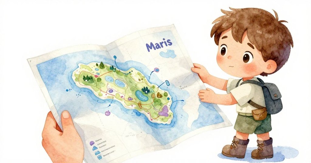 Maris專注檢查島嶼地圖，手指在地圖上劃過，細節清晰，展現尋找蜥蜴的過程。