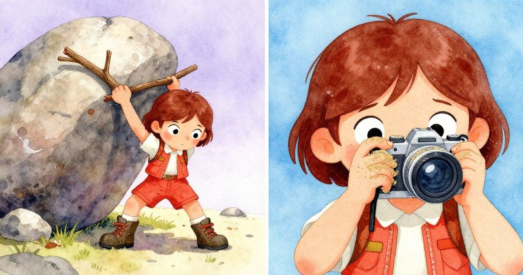 Maris分屏畫面左邊用木枝推巨石，右邊急忙清理相機，神情堅定展現探險挑戰與挫折。