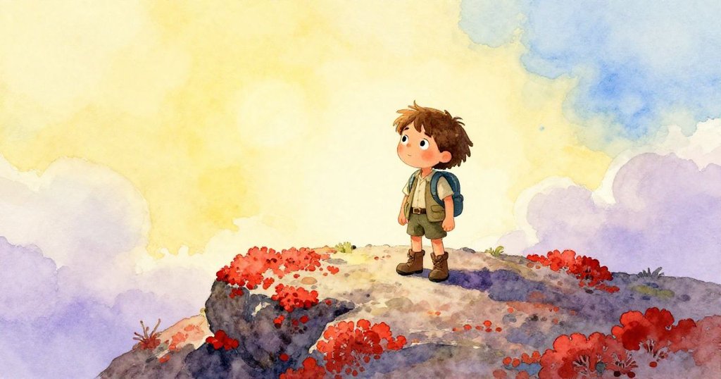 Maris登高原途中停下腳步，背景有鮮紅地衣與廣闊平原，表情輕鬆展現冒險中的寧靜。