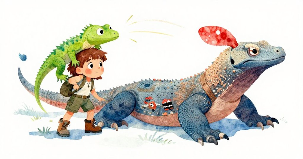 Maris動作迅捷按下快門，捕捉到科莫多龍曬太陽時尾上有小蜥蜴的驚喜瞬間，場景充滿緊張與活力。