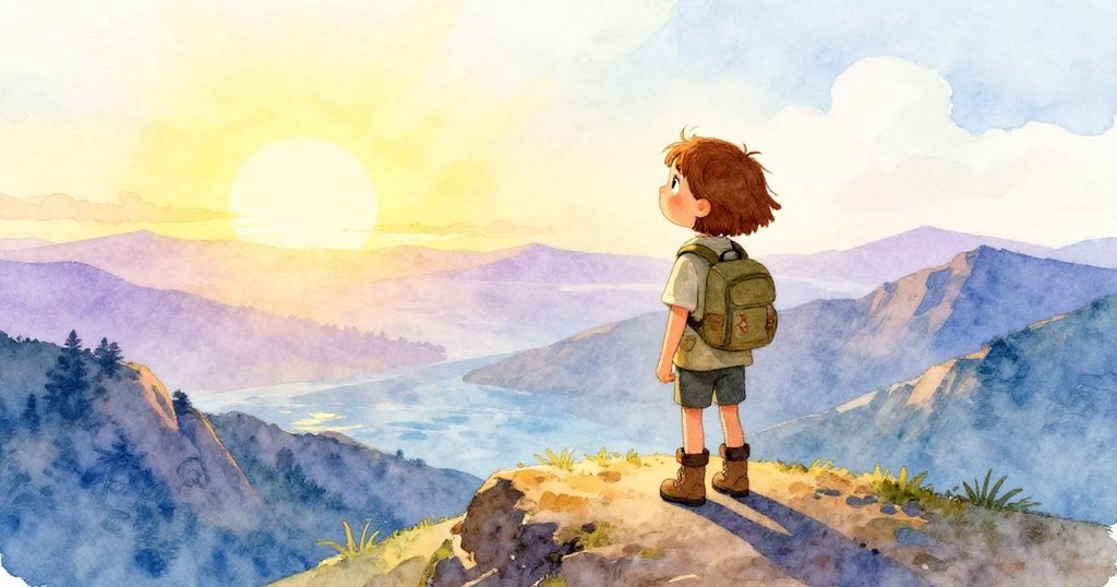 Maris在落日餘暉中站於山脊上，凝望寧靜遠方，象徵結束冒險旅程，心情平靜並充滿回憶。